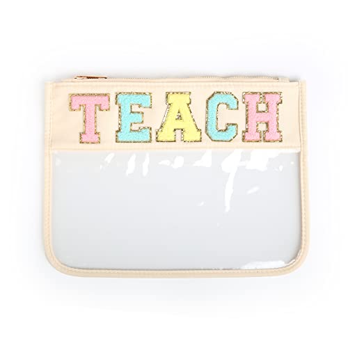 Varsity Letter Pouch Clear Zippered Bag with Chenille and Gold Patches Cream TEACH