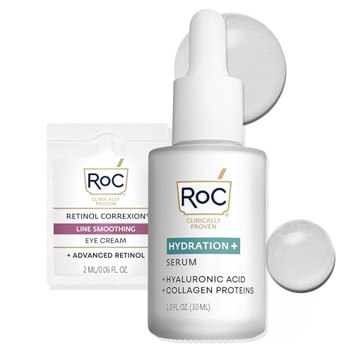 RoC Hydration+ Hyaluronic Acid Serum for Face, Hydrating, Plumping, Fragrance Free, Lightweight Formula with Collagen Proteins (1 Ounce) with Retinol Eye Cream Packette