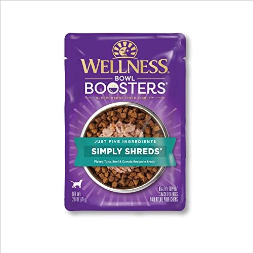 Wellness Bowl Boosters Simply Shreds Natural Grain Free Wet Dog Food Mixer or Topper, Tuna, Beef & Carrots, 2.8-Ounce Pouch (Pack of 12)