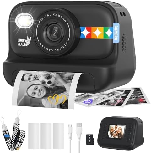 Instant Print Camera for Kids, Birthday Gifts for Girls and Boys Ages 3-12 - 1080P Video Camera for Kids, Gift Ideas for Boys Ages 3 4 5 6 7 8 9 10 11 12 - Girls' Gifts for Christmas/Holidays - Black