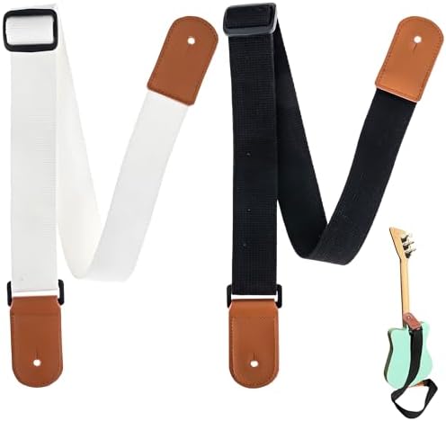 [2 Pack] Guitar Strap for Kids - 1 White Strap + 1 Black Strap With Leather Ends - Perfect Fit For Mini Guitars & Ukuleles - Extends Up To 39" For Adults