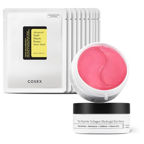 COSRX Snail Mucin Sheet Mask 10 EA + Peptide Collagen Hydrogel Eye Patch, Korean Skin Care