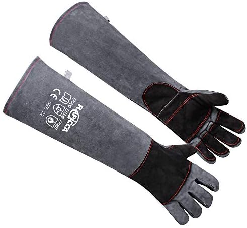 RAPICCA Animal Handling Gloves Bite Proof Reinforced Leather Padding Dog,Cat Scratch,Bird Handling Falconry Gloves Grabbing,Reptile Squirrel Snake Bite 22in Grey-Black