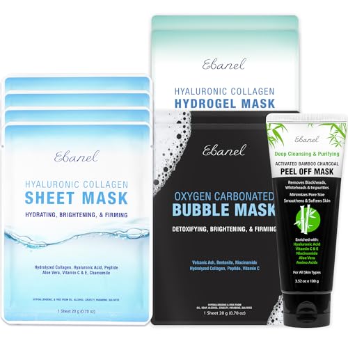 Ebanel Variety Face Mask Skin Care Set - 5 Pack Collagen Hydrating Face Masks, 2 Pack Hydrogel Mask, 2 Pack Carbonated Bubble Clay Detox Mask, and 3.52Oz Charcoal Peel Off Face Mask with Brush