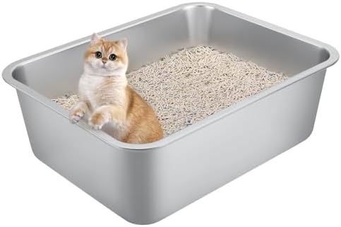Stainless Steel Cat Litter Box for Large Cats - 17.5"x13.6"x6.1" High-Sided Metal Tray, Anti-Splash & Odor Resistant, Durable Rustproof Design, Easy to Clean