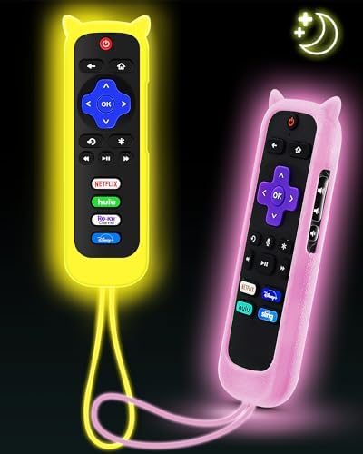 2Pack ONEBOM Cover for Roku Remote with Cat Ears Design,Silicone Skin Case Fit with Hisense/TCL Roku TV,Steaming Stick/Express,Universal Controller Glow in The Dark(Glow Pink&Glow Yellow)