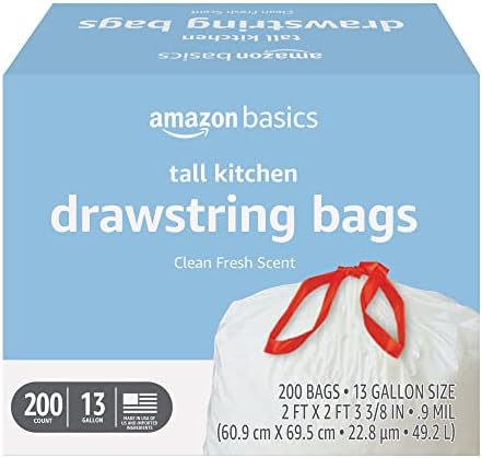 Amazon Basics Tall Kitchen Drawstring Trash Bags, Clean Fresh Scent, 13 Gallon, 200 Count, Pack of 1