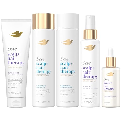 Dove Scalp + Hair Therapy Bundle – Clarifying Foaming Scrub, Hydrating Shampoo & Conditioner, Root Lift Thickening Spray + Fullness Restore Scalp Serum (5 Piece Set)