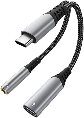 USB C to 3.5mm Headphone and Charger Adapter, 2-in-1 USB C to Aux Jack Dongle Cable Cord with PD 60W Fast Charging for iPhone 16 Pro/15 Pro Max, iPad Pro, Galaxy S23/S22/S21/S20 Ultra, Pixel (Grey)