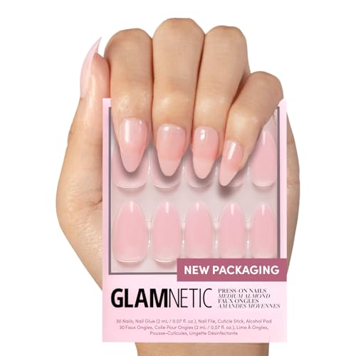 Glamnetic Press On Nails - Cloud 9 | Jelly UV Finish Medium Pointed Almond Shape, Reusable Pink Nail Kit in 15 Sizes, Semi-Transparent - 30 Nail Kit with Glue
