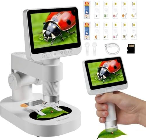Microscope, 4'' IPS Kids Microscope, 100-1600X Screen Mini Microscope for Kids, Handheld Pocket Digital Microscope Science Kits for Kids Adults, 1080P HD Portable Microscope for Kids 8-12