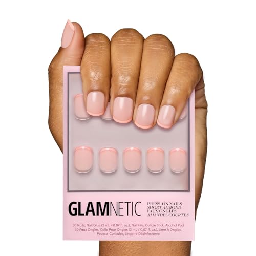 Glamnetic Press On Nails - French Peach | Super Short Pastel Peach French Tips with a Glossy Finish, Fake Nails, Reusable | 15 Sizes - 30 Nail Kit with Glue