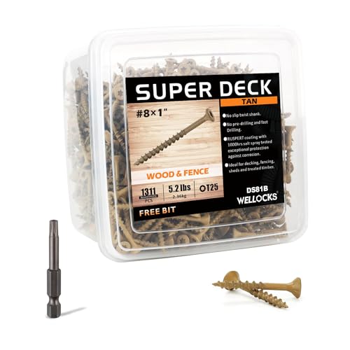 WELLOCKS Deck Screws 1", Wood Screws #8×1", Tan 1242 PCS, Superior Rust Resistant, Epoxy Coated, Above 1000 Hour Salt Spray Coating T25 Torx Star Bit Included for Outdoor Wood Fence