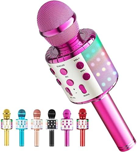 Microphone Wireless Bluetooth Karaoke Microphone for Kids,Singing Microphone with LED Lights Karaoke Machine Portable Mic Player Recorder Party Birthday Toys for 4-14 Year Old Girls Boys(Rose Red)