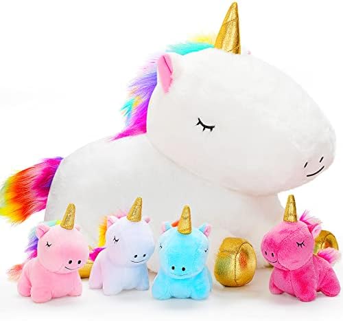 KMUYSL Toys for Girls Ages 3 4 5 6 7 8+ Years - Unicorn Mommy Stuffed Animal with 4 Baby Unicorns in Her Tummy, Soft Unicorn Plush Toys Set, Christmas Birthday Gifts for Baby, Toddler, Kids