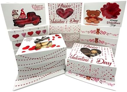 BASHOUT 24 Pcs Valentine’s Day Bakery Cookie Box | SIZE 8.5 x 5.75 x 2.5 Inch Valentine Day Treat Box with Window Cutout | Cupcake and Goody Boxes| Valentine Party Favor Box 4 Design Variety Pack