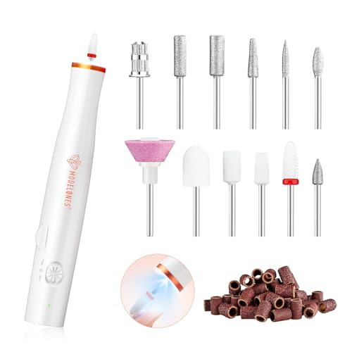 Modelones Electric Nail File, 14 Pcs Cordless Nail Drill with LED Light for Acrylic Gel Dip Powder Nails, Professional Nail Drill Kit with Nail Drill Bits & Sanding Bands for Quick Manicure Pedicure