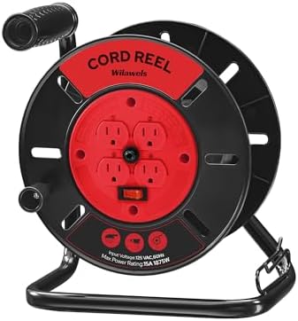 Extension Cord Storage Reel with 4-Grounded Outlets, 15A Circuit Breaker, Heavy Duty Open Cord Reel for 12/3,14/3,16/3 Gauge Power Cord, Hand Wind Retractable, ETL Listed, Red R95CR06