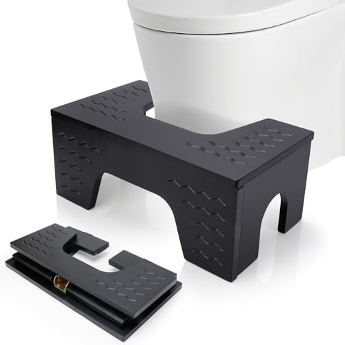 All New Foldable Toilet Stool Squat, 7" & 9" Adjustable Heights Bamboo Flip Poop Stool for Adults and Kids with Non-Slip Layer to Improve Bathroom Posture and Comfort, No Assembly Required