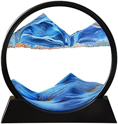 Arthink Moving Sand Art Picture in Motion Round Glass 3D Deep Sea Landscape, Dynamic Sand Art Sandscapes, Sensory Relaxing Desktop Table Decor Desk Decor Art Desk (7 inch, Blue)