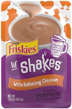 Purina Friskies Pureed Cat Food Topper, Lil’ Shakes With Enticing Chicken Lickable Cat Treats - (Pack of 16) 1.55 oz. Pouches