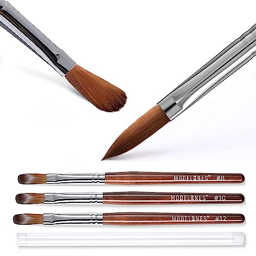 Modelones 3pcs Acrylic Nail Brush Set, Size 8/10/12 Kolinsky Acrylic Brushes for Acrylic Powder Application, Nail Extension, 3D Nail Carving, Round Shaped Nail Art Brushes with Wooden Handle