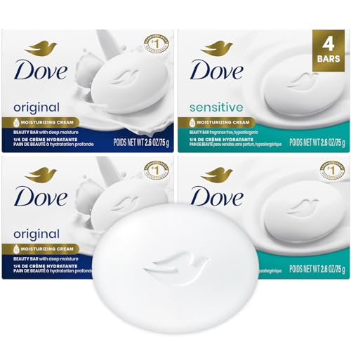 Dove Beauty Bar Soap Variety 4-Pack – Sensitive Skin, Fragrance-Free + Original, with Moisturizing Cream, 2.6 Oz Ea