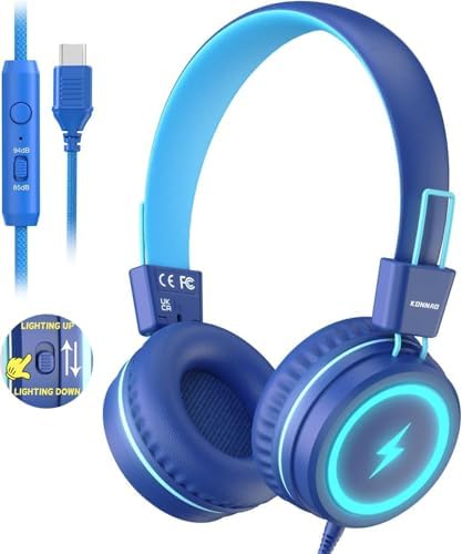 Kid Headphones for School, USB Type C Kids Headphone with LED Lights, Wired Boys Girls Headphones with Safe Limiter 85dB/94dB, Foldable On Ear Headphones with Microphones for School/iPad
