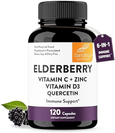 Elderberry Vitamin C and Zinc 120 Capsules | with Quercetin and Vitamin D3 | Immune Support for Adults | Herbal Supplement for Men and Women | 2 Months Supply | Natural Immunity Booster