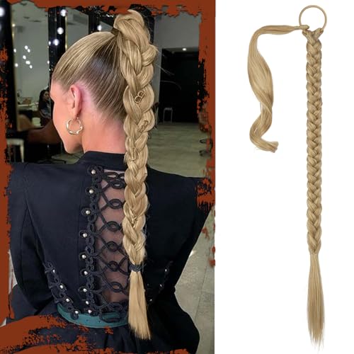 SOFEIYAN Long Braid Ponytail Extension with Hair Tie Straight Sleek Wrap Around Hair Extensions Braid Pony Tail Fluffy Natural Soft Synthetic Hairpieces for Women Daily Wear, 30 inch-Ash Blonde