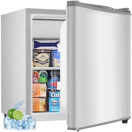 Kismile Mini Fridge with Freezer, 1.6 Cu.ft Mini Refrigerators with Removable Shelves, Adjustable Thermostat, Reversible Single Door, Low Noise, Small Refrigerator for Bedroom/Office/Home (Silver)