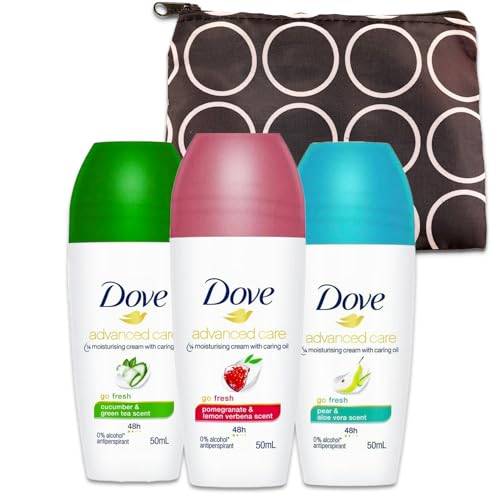 Dove Roll on Deodorant for Women Variety 3 Pack - Travel Size Deodorant Women Bundle with Pear and Aloe, Cucumber, Pomegranate Deodorants with 1.7 Ounces Plus Travel Bag | Dove Deodorant Bulk