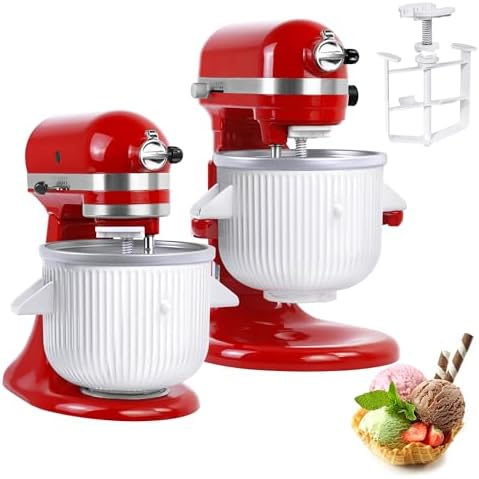 Ice Cream Maker Attachment for KitchenAid Mixers, Fits KitchenAid 4.5/5QT & 6QT Stand Mixers, Frozen Ice Cream & Sorbet Gelato Maker for KitchenAid, 2 Quart, White(Machine/Mixer Not Included)