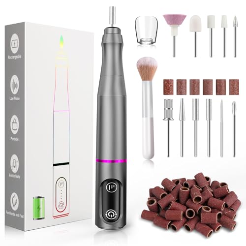 Cordless Nail Drill Electric Rechargeable File Kit, Professional Efile Acrylic Gel Nail Polish Remover Pedicure Manicure Machine Portable Set with 11 Bits 56 Sanding Bands for Salon Home Gray
