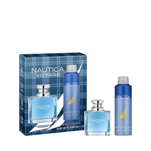 Nautica Voyage Eau de Toilette + Deo Body Spray Gift Set, Notes of Apple, Cedarwood, Mimosa, Men's Fragrance, Long Lasting, Everyday Fragrance
