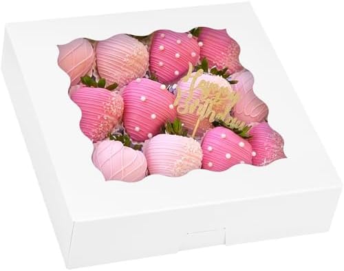 Moretoes 24pcs Bakery Boxes, 10x10x2.5 Inches Auto-Popup Pie Boxes, Cookie Boxes Strawberry Boxes Valentine's Day Boxes for Chocolate Covered Strawberries, Pies, Donuts, Cookies, Muffins