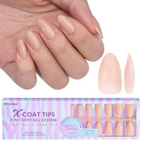 BTArtbox Short Almond Gel Nail Tips - Soft Gel XCOATTIPS Natural Press On Nails, Pre-colored Gel Nails Full Cover Fake Nails Nude for for Daily Nail Art