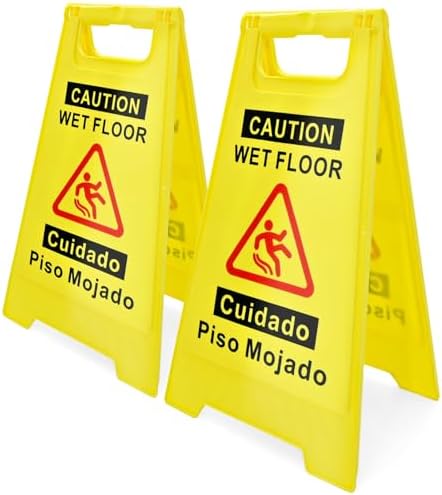 2 Pack Caution Wet Floor Sign, 17.5" Height, Bright Yellow, Double-Sided A-Frame Safety Caution Sign Commercial, Bilingual Caution Message