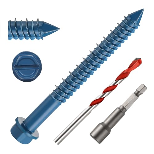 3/16" x 2-3/4" Concrete Screws, 50 PCS Blue Hex Head Screw Anchor with Drill Bit and Hex Bit Socket, for Masonry, Cement, Block, Brick or Stucco