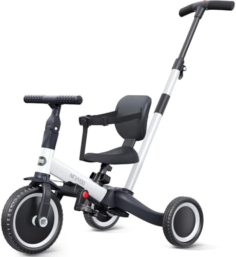 newyoo Toddler Bike, 4 in 1 Tricycles for 1,2,3 Year Olds, Balance Bike, Birthday Gift and Toy for Boys and Girls, Kids Tricycle with Parent Steering Push Handle, Removable Pedals, White, TR007
