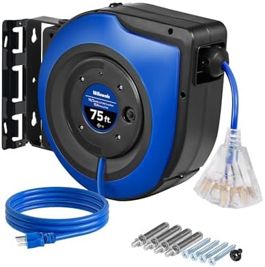 Retractable Cord Reel, 75 FT Heavy Duty Extension Cord, 14AWG/3C SJTOW, 3 Grounded Outlets Lighted Triple Tap, 10A Circuit Breaker, Wall/Ceiling Mounted, UL Listed, Blue U75CR06
