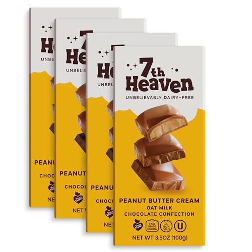 7th Heaven, Vegan Peanut Butter Cream Oat Milk Chocolate Bar (3.5oz Full Size Candy Bars - 4 Packs) - Perfect for Easter Candy, Plant Based Dairy Free Chocolate with Peanut Butter Filling, Fair Trade Cocoa & Coconut Oil, Kosher Parve