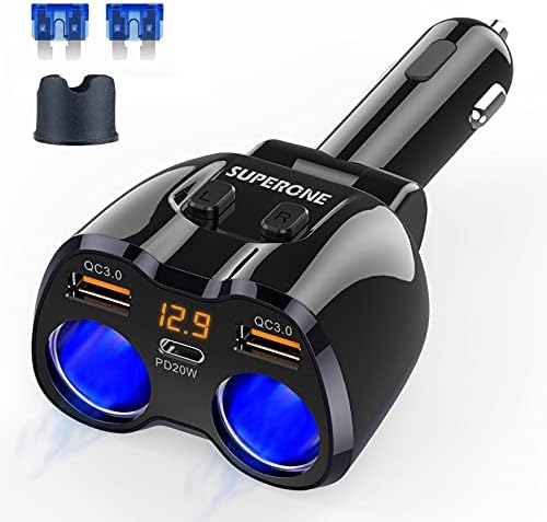 [2025 Upgraded] Cigarette Lighter Splitter, SUPERONE 180W 2-Socket Cigarette Lighter Adapter with Dual QC3.0 and 20W PD USB C Car Charger Splitter for GPS/Dash Cam/Laptop/iPad/iPhone 16/15/14/13/12/11