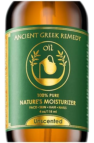Ancient Greek Remedy Unscented Organic Face and Body Oil made of Olive, Almond, Jojoba, and vitamin E oil for Sensitive Dry Skin, Hair, Nails. Anti Aging Moisturizer for Women, Men 4oz