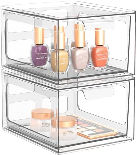 2 Pack Stackable Plastic Makeup Organizer Drawers, Acrylic Organizers, Clear Storage Bins with Pull-Out Handles for Vanity, Kitchen Cabinets, Pantry