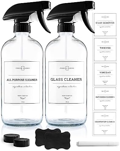 Vine Creations Glass Spray Bottles, 2 Pack Glass Spray Bottles for Cleaning Solutions, Plant Misters for Inside, Clear Glass Spray Bottle for hair, 16 oz Mister Spray Bottle with Waterproof Labels