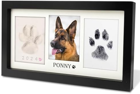 MYPAWLETS Extra Large Paw Print Frame Kit,Dog/Cat Paw Print Kit,Soft Pawprint Clay&Clean Touch Ink Pad,Pet Paw Print Impression Kit with Customization Tool,Wooden Pet Memorial Frame-Black