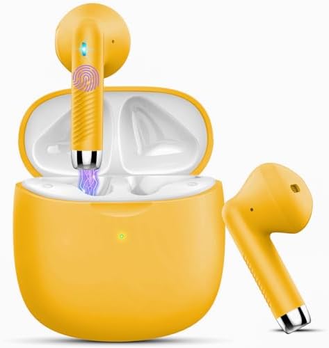 Wireless Earbuds, Bluetooth 5.3 Headphones in Ear with Noise Cancelling Mic, Bluetooth Earbuds Stereo Bass, IP7 Waterproof Sports Earphones, 32H Playtime USB C Charging Ear Buds Yellow for Android iOS