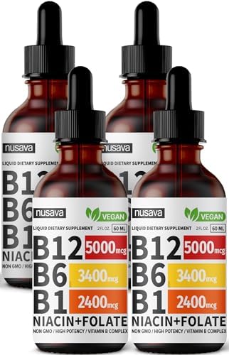 (4 Pack) Vitamin B12 Liquid Drops, Vegan B12 Sublingual 5000 mcg, Methylcobalamin B12, Liquid B12 Drops, Vitamin B12 Sublingual Supports Energy, Brain & Heart with 27,200 mcg Per Serving, 80 Servings