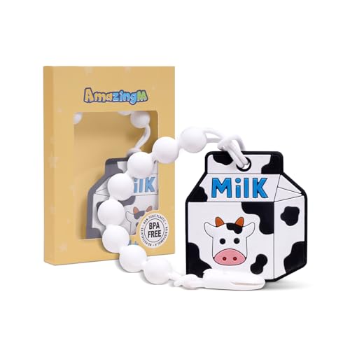 Baby Food Grade Silicone Teether Toy with One Piece Design Pacifier Clip Holder,Teething Pain Relief Toys Gift Set for 3 Months+ Boys and Girls,Freezer Safe,BPA Free. (Milk Carton)